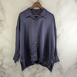 Eileen Fisher Top Womens Small Purple Silk Button Up Boxy Satin Long Sleeve